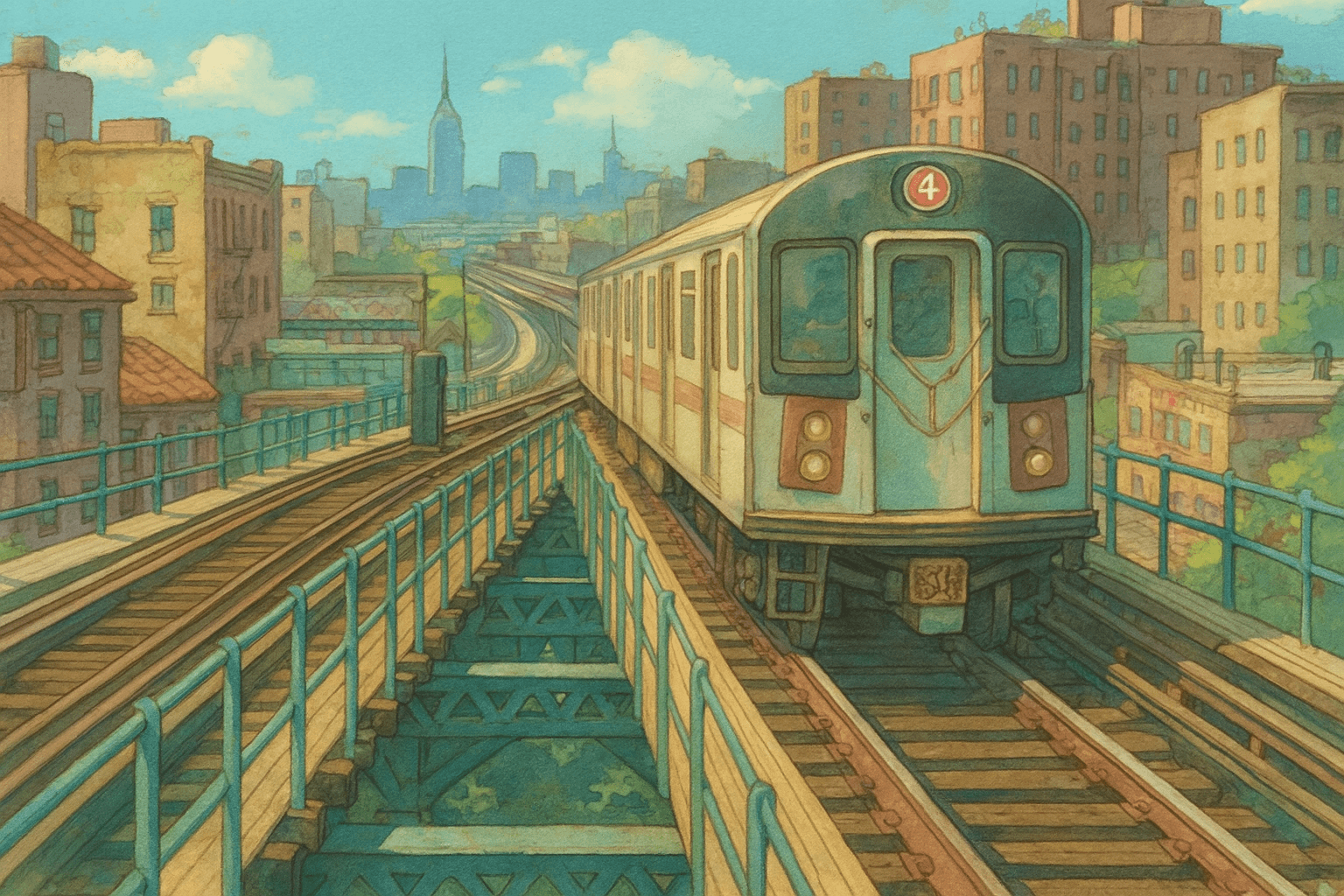 Bronx 4 Train with skyline in background